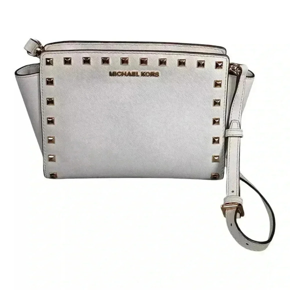 Michael Kors Selma Studded Shoulder Crossbody White Leather Gold Small - Picture 1 of 10